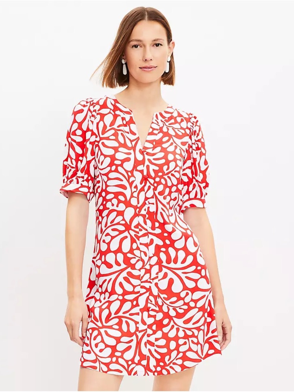 NWT LOFT Mini Dress Red & White Abstract Print Buttons 767906 Sz. M